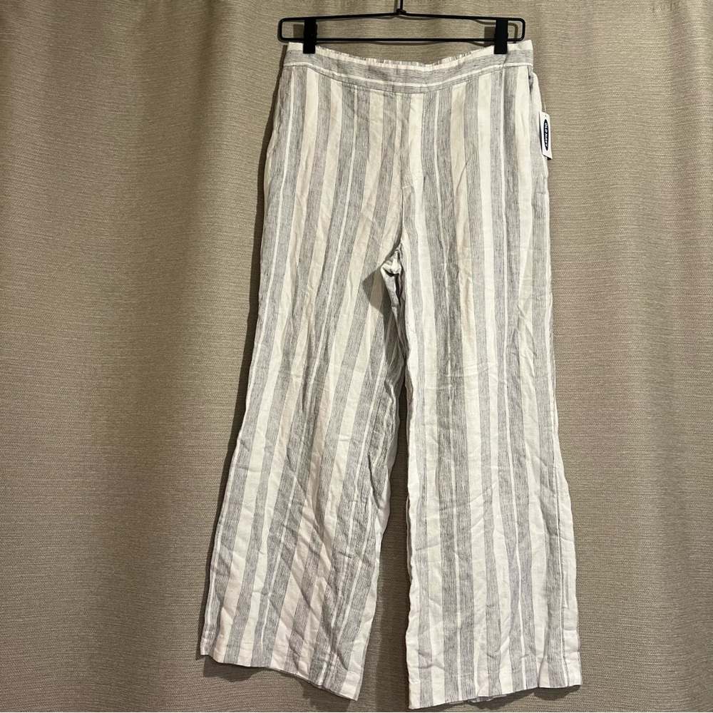 Old Navy Striped High-Waisted Wide Leg Linen Blend Cropped Pants- Size 4 Coastal - Picture 1 of 11